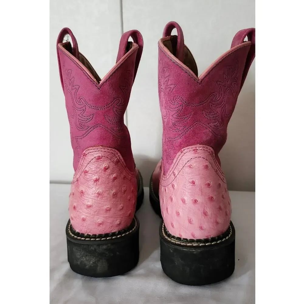 Ariat Fatbaby Pink Ostrich Print Leather Hot Pink Suede Western Boots 6 B
